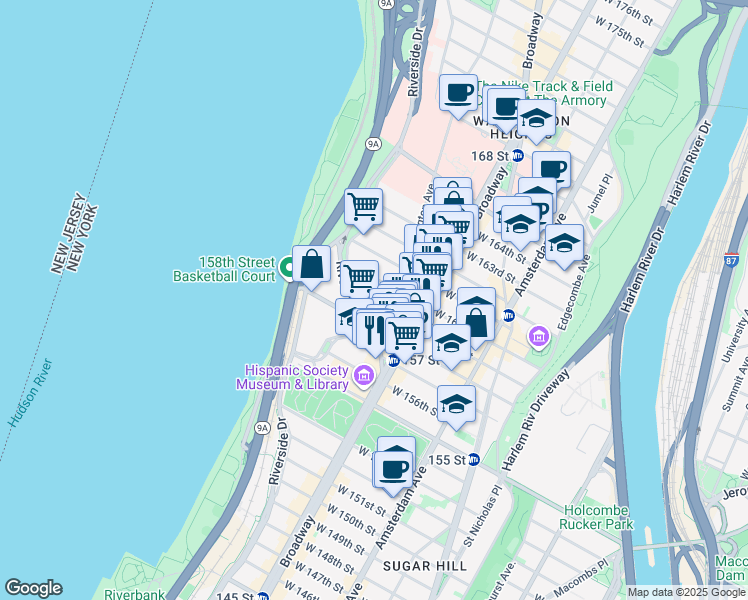 map of restaurants, bars, coffee shops, grocery stores, and more near 836 Riverside Drive in New York