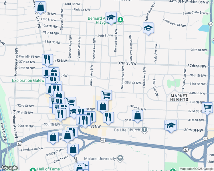 map of restaurants, bars, coffee shops, grocery stores, and more near 3417 Westview Avenue Northwest in Canton