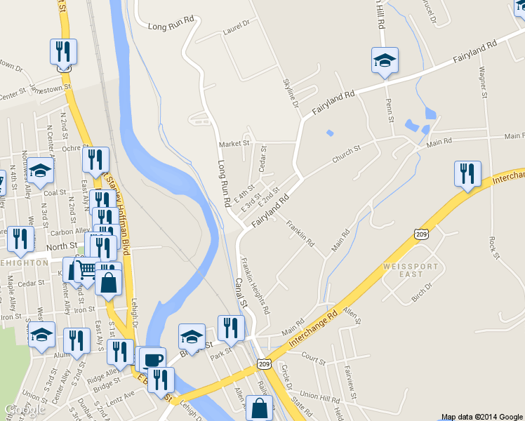 map of restaurants, bars, coffee shops, grocery stores, and more near 74 Fairyland Rd in Lehighton