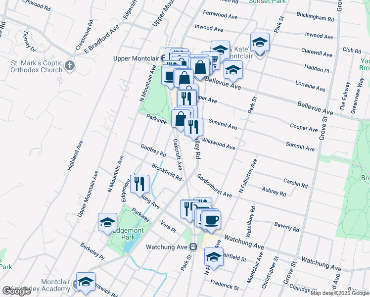 map of restaurants, bars, coffee shops, grocery stores, and more near 480 Valley Road in Montclair