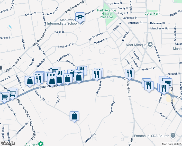 map of restaurants, bars, coffee shops, grocery stores, and more near 6 Cooper Avenue in Huntington Station