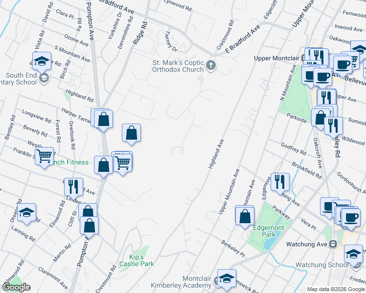 map of restaurants, bars, coffee shops, grocery stores, and more near 24 Club Way in Cedar Grove