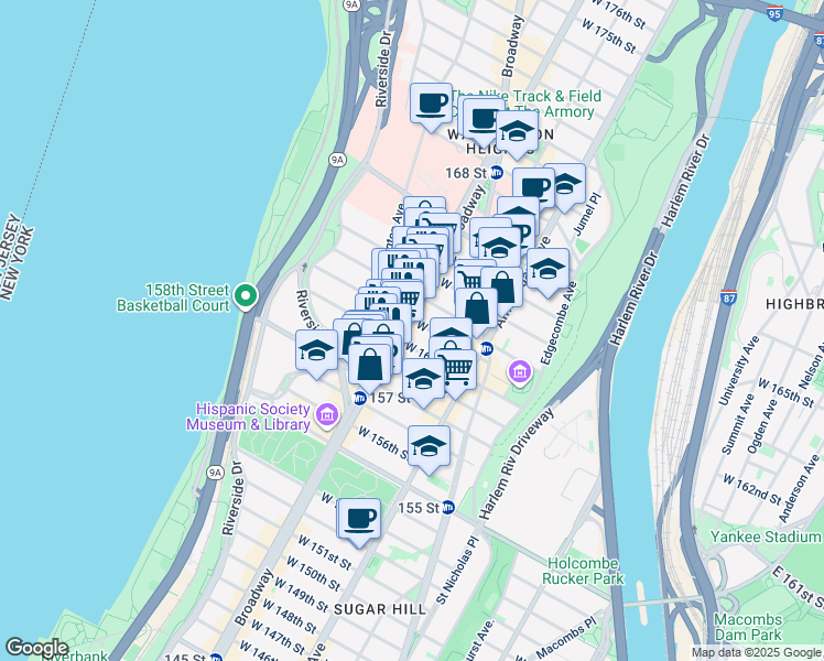map of restaurants, bars, coffee shops, grocery stores, and more near 3850 Broadway in New York