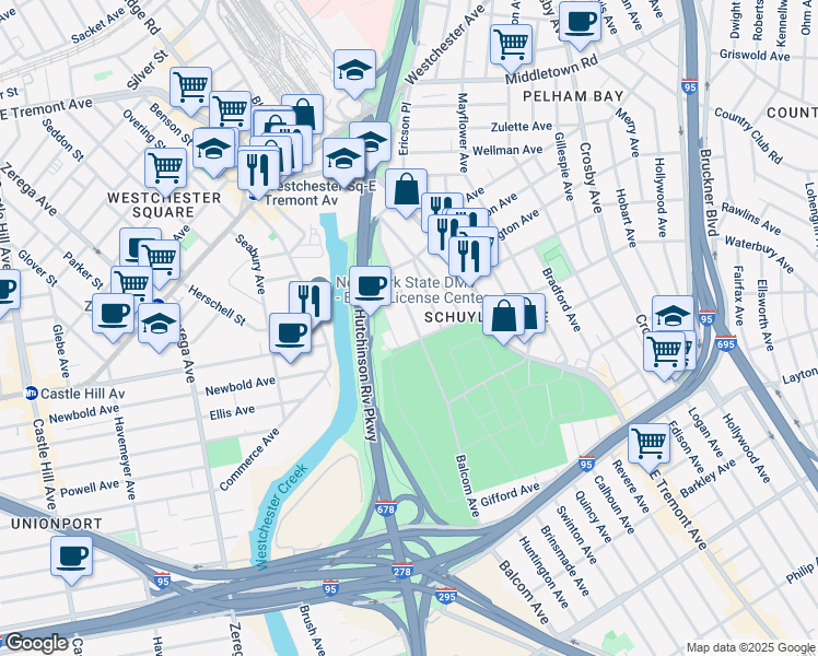 map of restaurants, bars, coffee shops, grocery stores, and more near 1313 Balcom Avenue in Bronx