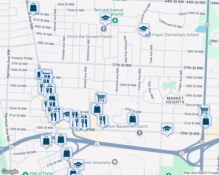 map of restaurants, bars, coffee shops, grocery stores, and more near 3420 Westview Avenue Northwest in Canton