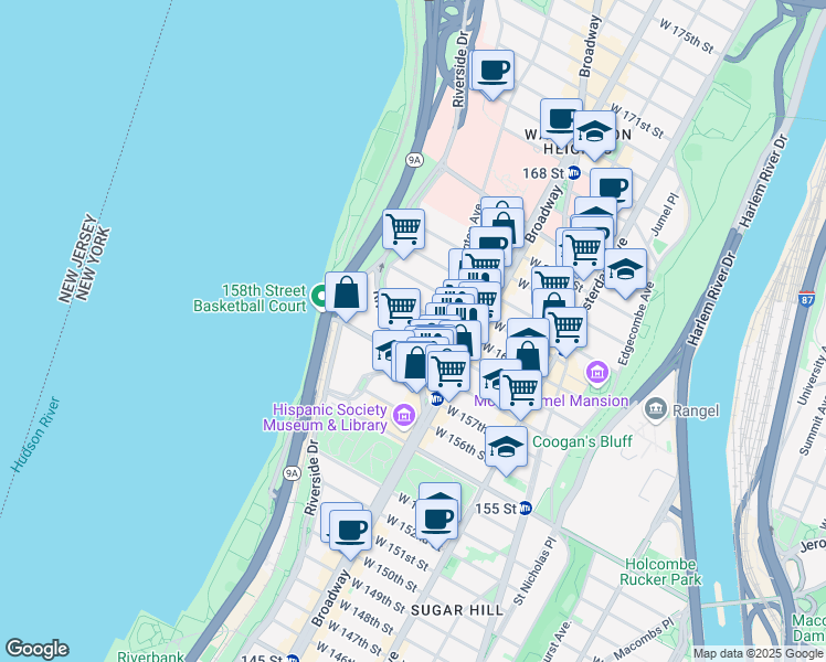 map of restaurants, bars, coffee shops, grocery stores, and more near 838 Riverside Drive in New York