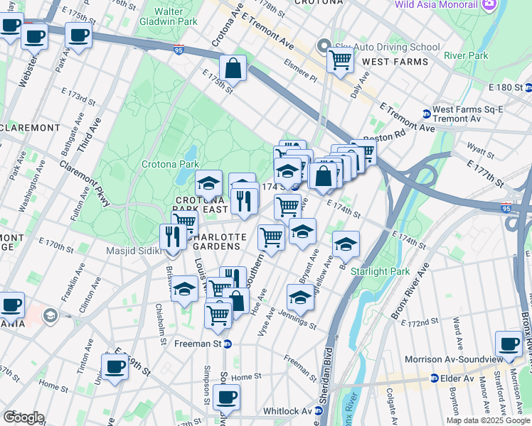 map of restaurants, bars, coffee shops, grocery stores, and more near 1624 Boston Road in Bronx