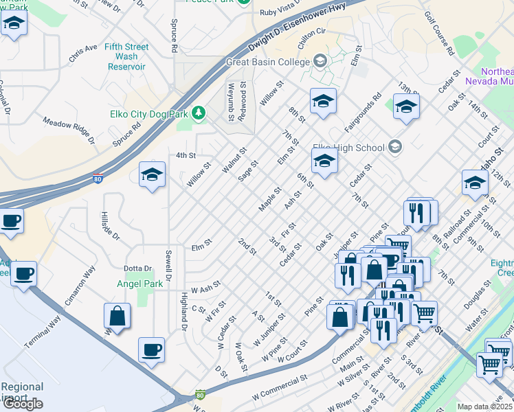 map of restaurants, bars, coffee shops, grocery stores, and more near 369 Maple Street in Elko