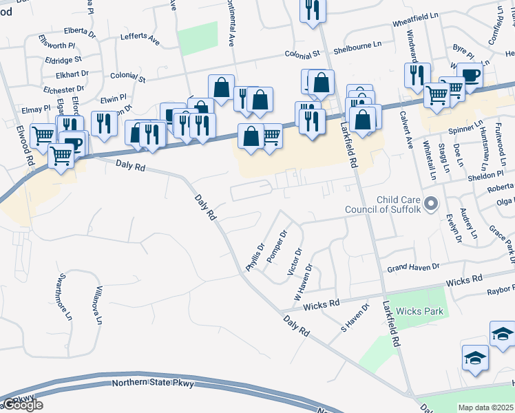 map of restaurants, bars, coffee shops, grocery stores, and more near 17 Alister Circle in East Northport