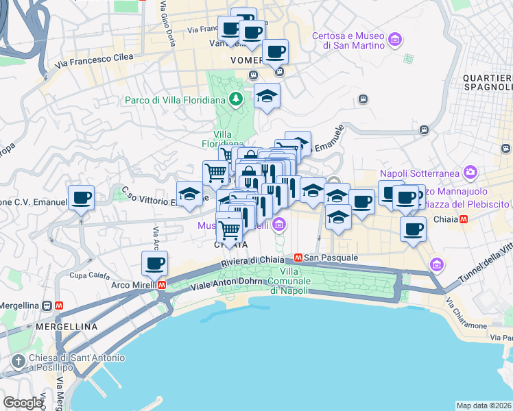 map of restaurants, bars, coffee shops, grocery stores, and more near 67-69 Via Giuseppe Martucci in Naples