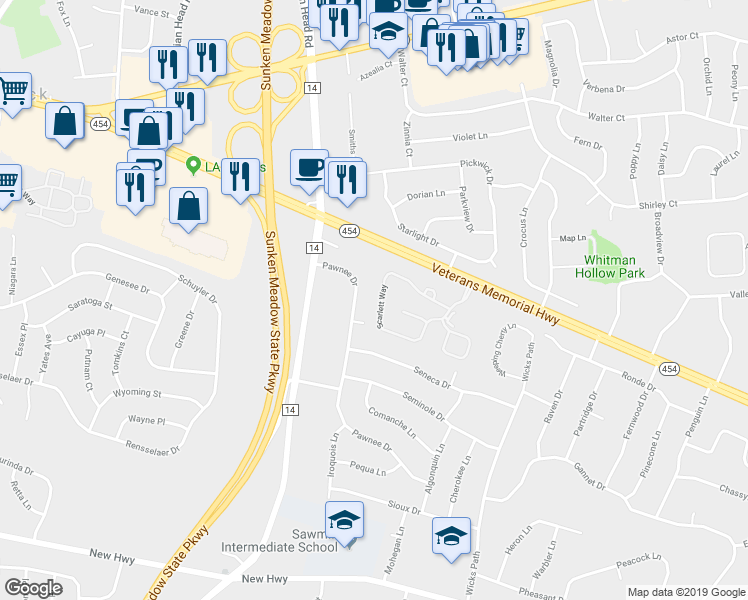 map of restaurants, bars, coffee shops, grocery stores, and more near 139 Scarlett Way in Commack