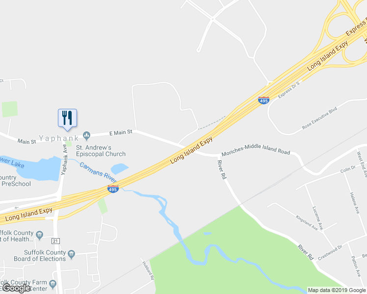 map of restaurants, bars, coffee shops, grocery stores, and more near 399 East Main Street in Yaphank