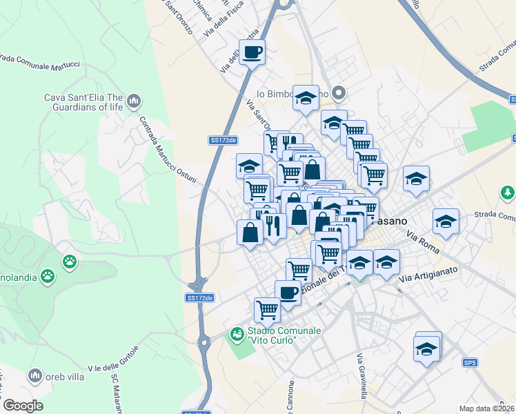 map of restaurants, bars, coffee shops, grocery stores, and more near 104 Via Caroli in Fasano