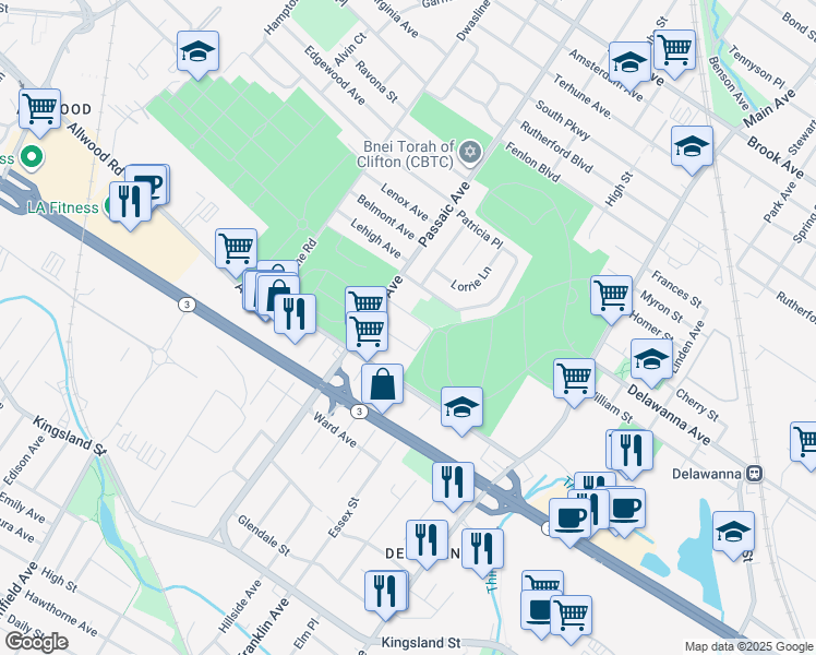 map of restaurants, bars, coffee shops, grocery stores, and more near 743 Passaic Avenue in Clifton