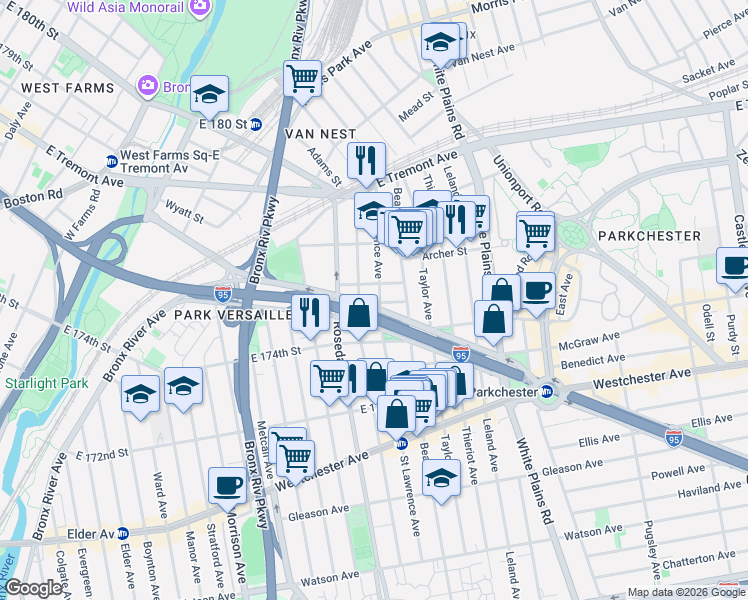 map of restaurants, bars, coffee shops, grocery stores, and more near in The Bronx