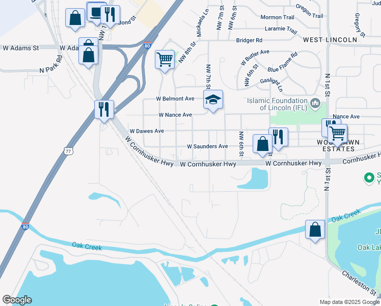 map of restaurants, bars, coffee shops, grocery stores, and more near 2345 North Main Street in Lincoln