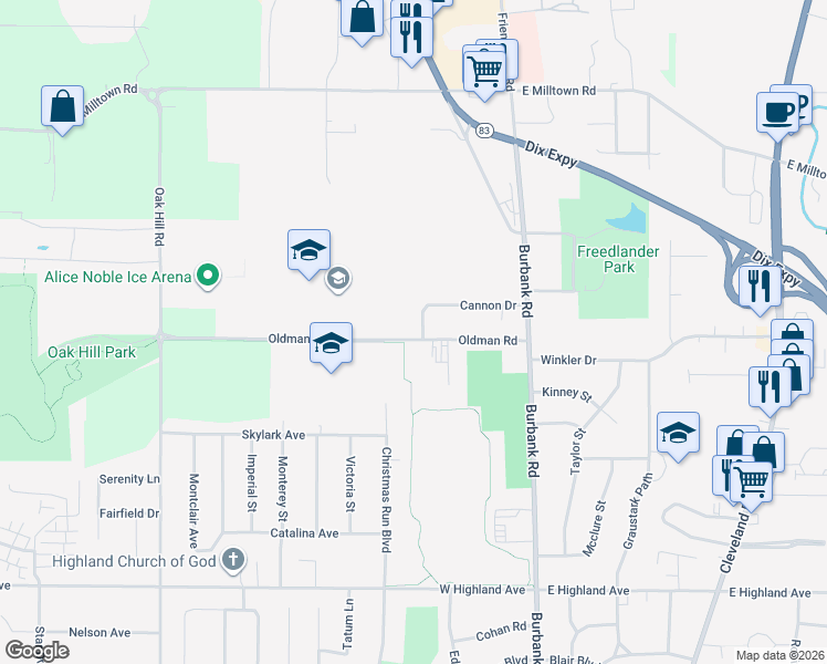 map of restaurants, bars, coffee shops, grocery stores, and more near 207 Cannon Drive in Wooster