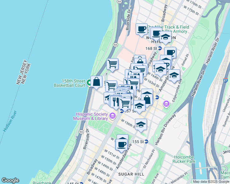 map of restaurants, bars, coffee shops, grocery stores, and more near 840 Riverside Drive in New York