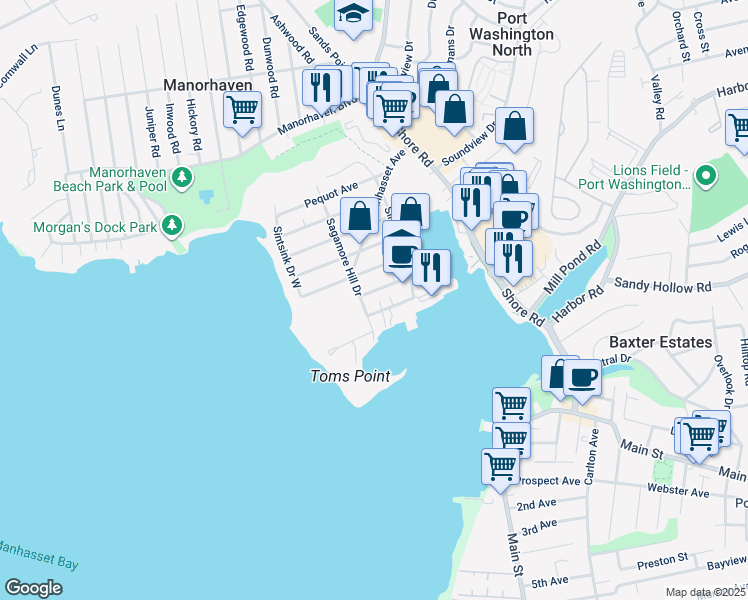 map of restaurants, bars, coffee shops, grocery stores, and more near 40 Matinicock Avenue in Port Washington