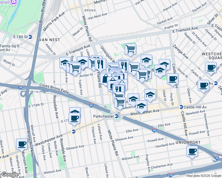 map of restaurants, bars, coffee shops, grocery stores, and more near 1385 Metropolitan Avenue in The Bronx