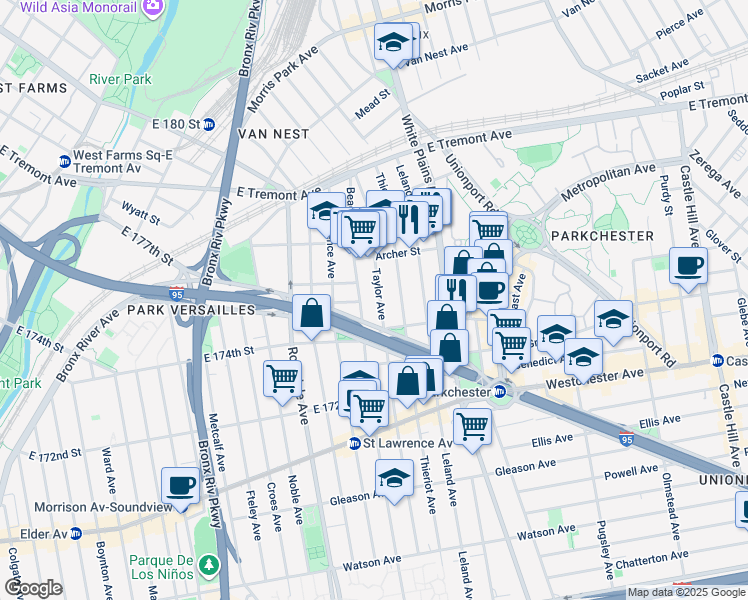 map of restaurants, bars, coffee shops, grocery stores, and more near 1422 Taylor Avenue in Bronx