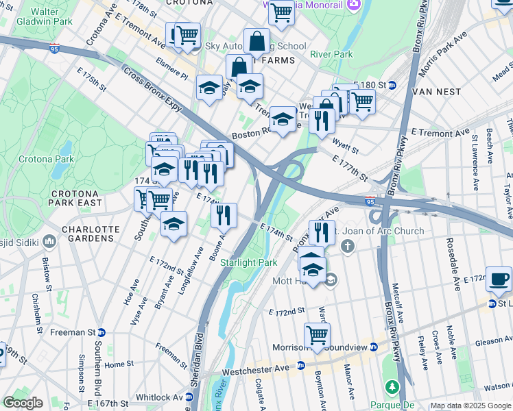 map of restaurants, bars, coffee shops, grocery stores, and more near 1775 West Farms Road in The Bronx