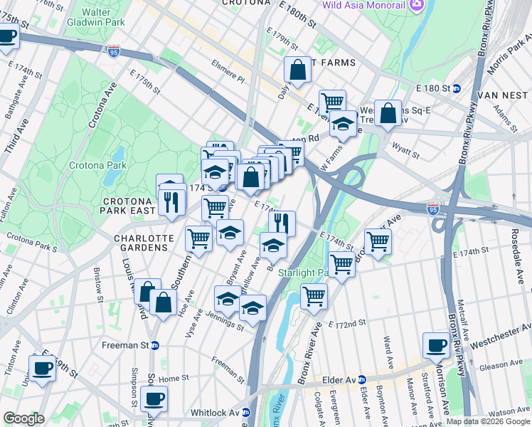 map of restaurants, bars, coffee shops, grocery stores, and more near 1707 Bryant Avenue in Bronx