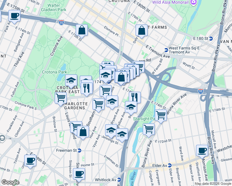 map of restaurants, bars, coffee shops, grocery stores, and more near 1680 Hoe Avenue in The Bronx