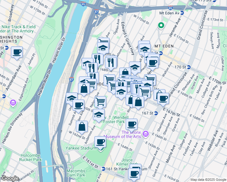 map of restaurants, bars, coffee shops, grocery stores, and more near 36 West 167th Street in Bronx