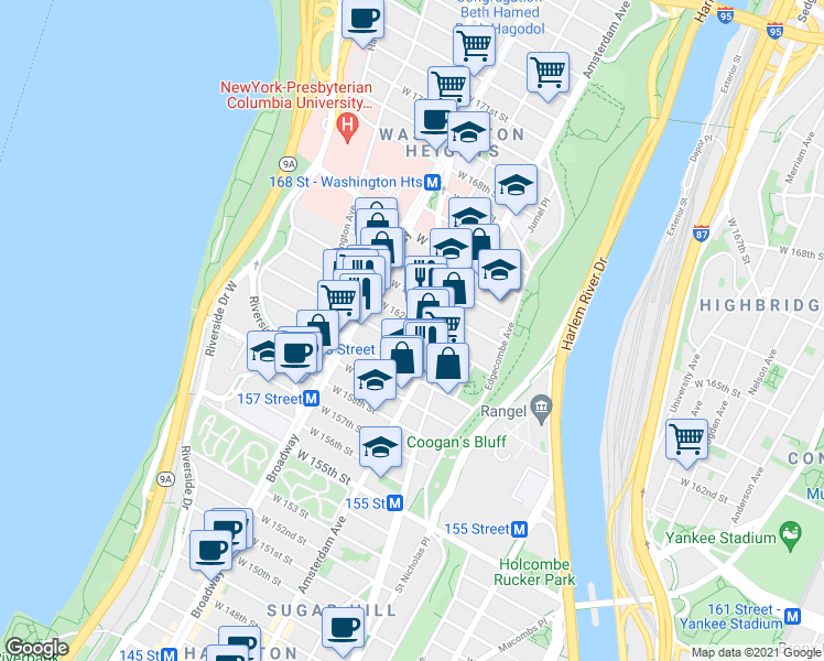 map of restaurants, bars, coffee shops, grocery stores, and more near 517 West 161st Street in New York