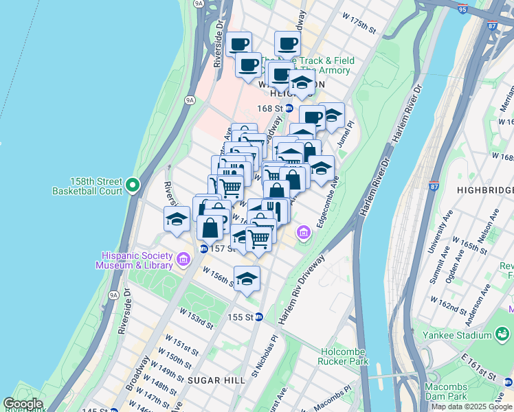 map of restaurants, bars, coffee shops, grocery stores, and more near 517 West 161st Street in New York