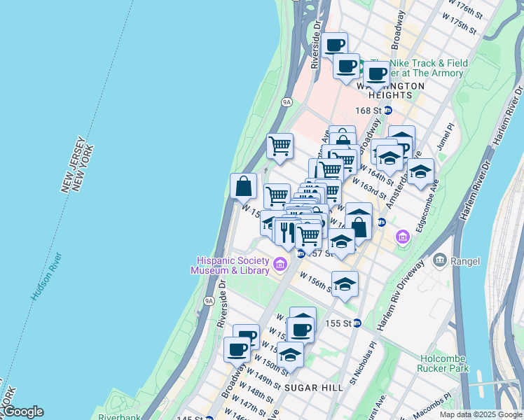 map of restaurants, bars, coffee shops, grocery stores, and more near 839 Riverside Drive in New York