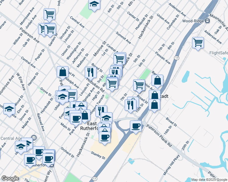 map of restaurants, bars, coffee shops, grocery stores, and more near 306 Hackensack Street in Carlstadt