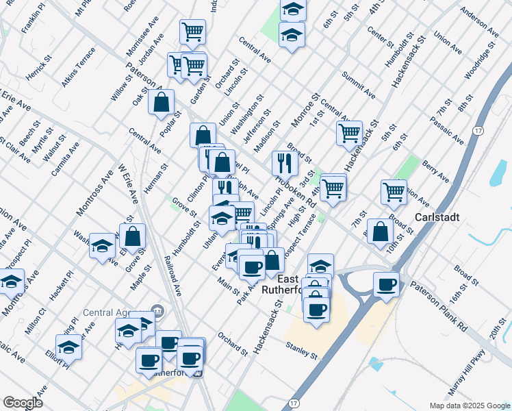 map of restaurants, bars, coffee shops, grocery stores, and more near 47 Lincoln Place in East Rutherford