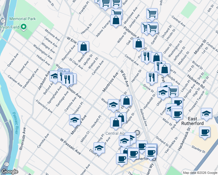 map of restaurants, bars, coffee shops, grocery stores, and more near 67 Montross Avenue in Rutherford
