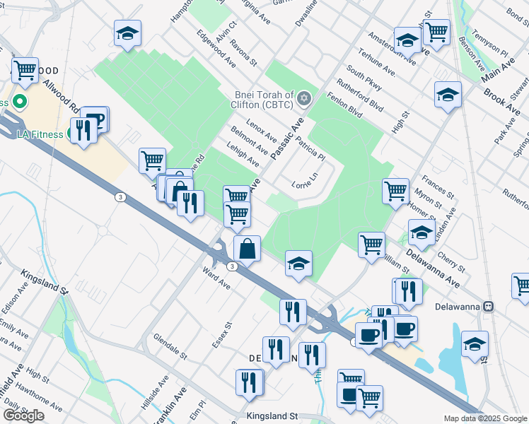 map of restaurants, bars, coffee shops, grocery stores, and more near 743 Passaic Avenue in Clifton