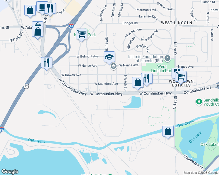 map of restaurants, bars, coffee shops, grocery stores, and more near 2301 Northwest 7th Street in Lincoln