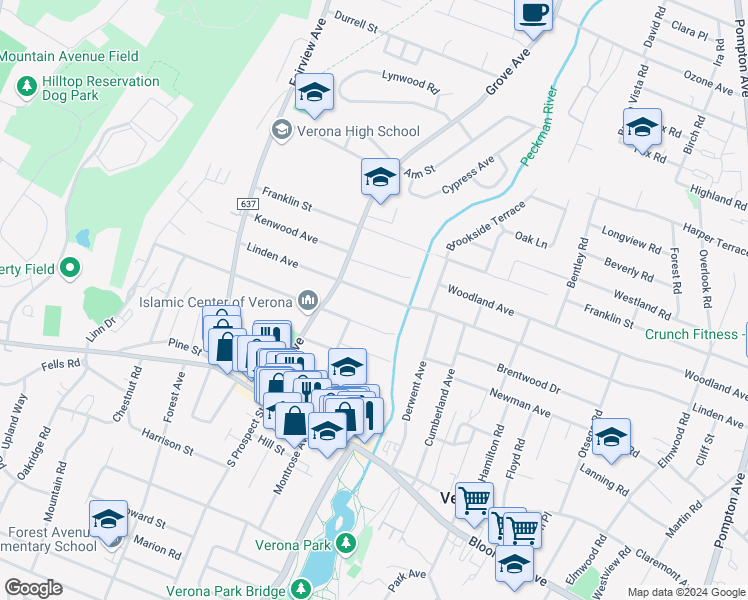 map of restaurants, bars, coffee shops, grocery stores, and more near 215 Linden Avenue in Verona