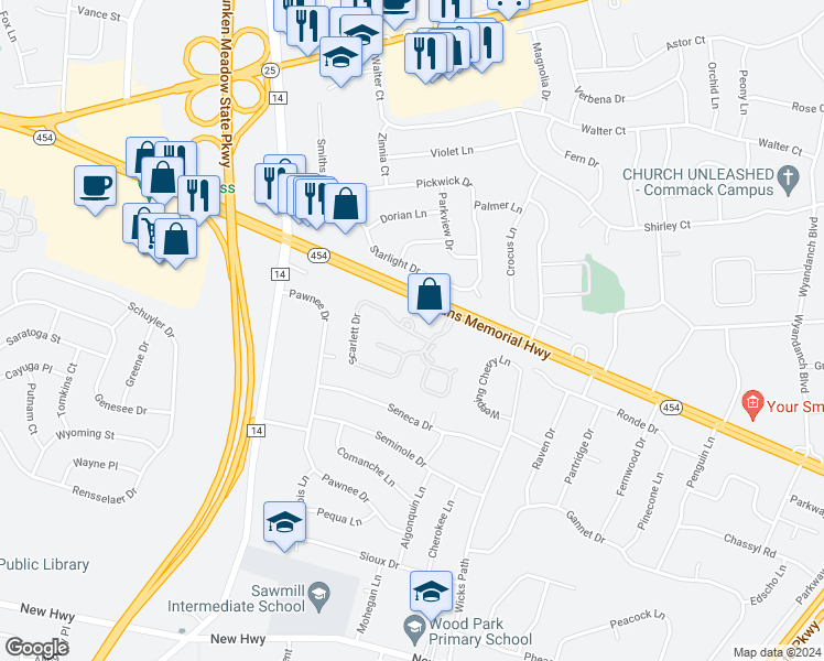 map of restaurants, bars, coffee shops, grocery stores, and more near 178 Melanie Way in Commack