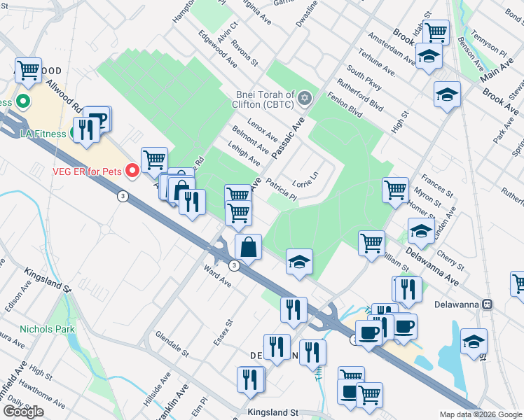 map of restaurants, bars, coffee shops, grocery stores, and more near 743 Passaic Avenue in Clifton