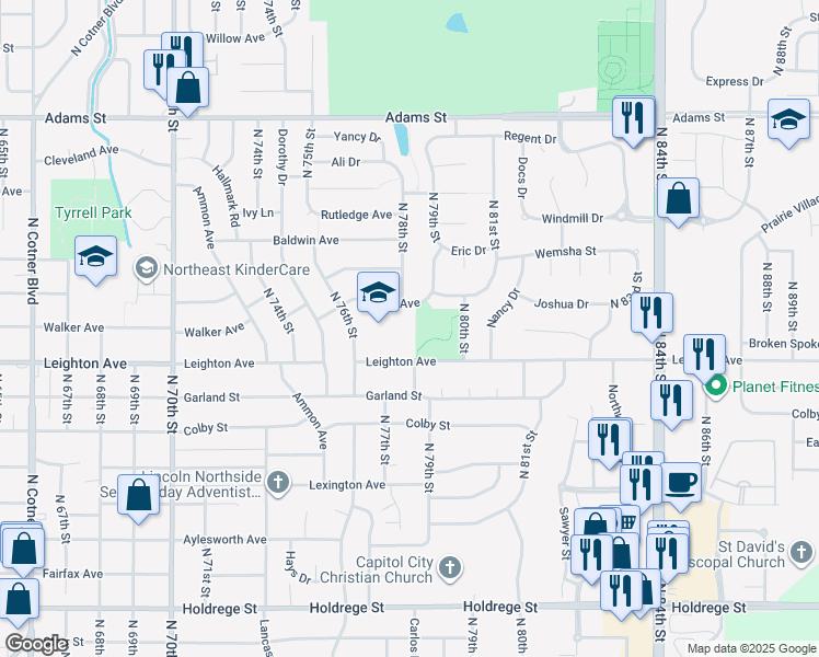 map of restaurants, bars, coffee shops, grocery stores, and more near 7700 Leighton Avenue in Lincoln