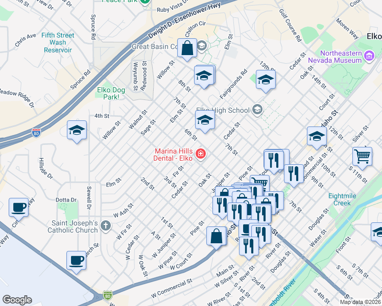 map of restaurants, bars, coffee shops, grocery stores, and more near 1015 5th Street in Elko