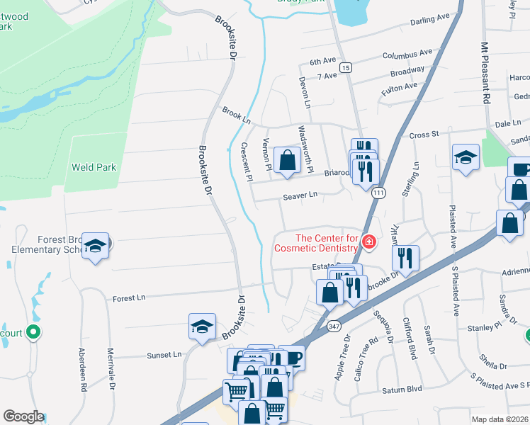 map of restaurants, bars, coffee shops, grocery stores, and more near 54 Crescent Place in Smithtown