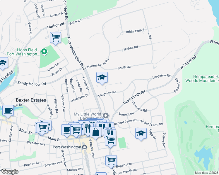 map of restaurants, bars, coffee shops, grocery stores, and more near 2 Hampton Court in Port Washington