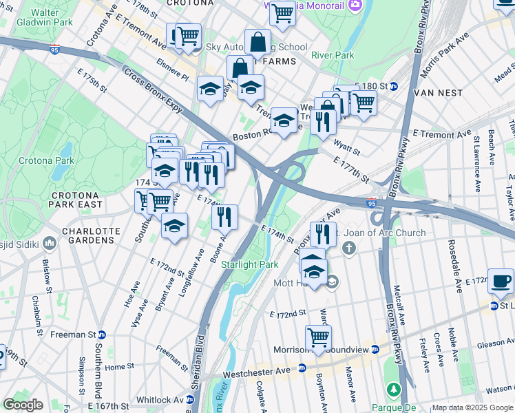 map of restaurants, bars, coffee shops, grocery stores, and more near 1787 West Farms Road in Bronx