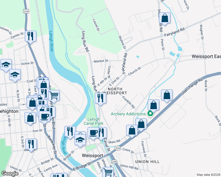 map of restaurants, bars, coffee shops, grocery stores, and more near 74 Fairyland Road in Lehighton
