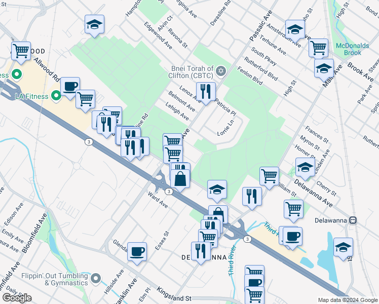 map of restaurants, bars, coffee shops, grocery stores, and more near 743 Passaic Avenue in Clifton