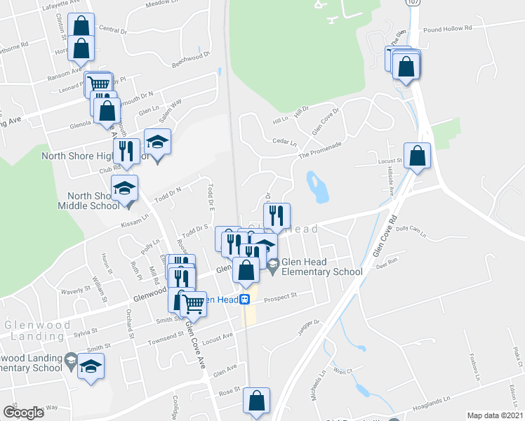 map of restaurants, bars, coffee shops, grocery stores, and more near 17 Roslyn Drive in Glen Head