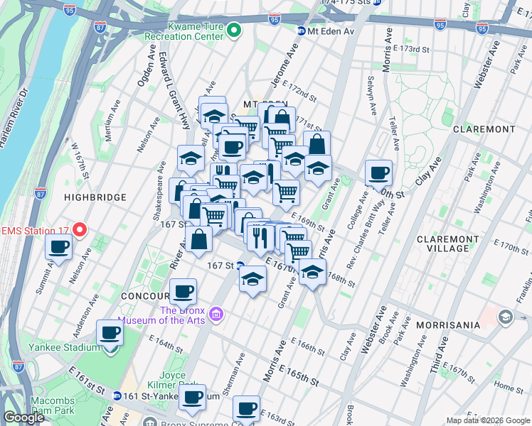 map of restaurants, bars, coffee shops, grocery stores, and more near 1269 Grand Concourse in Bronx