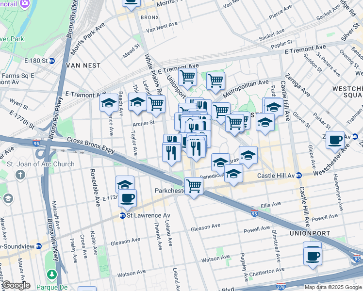 map of restaurants, bars, coffee shops, grocery stores, and more near 1489 West Avenue in The Bronx